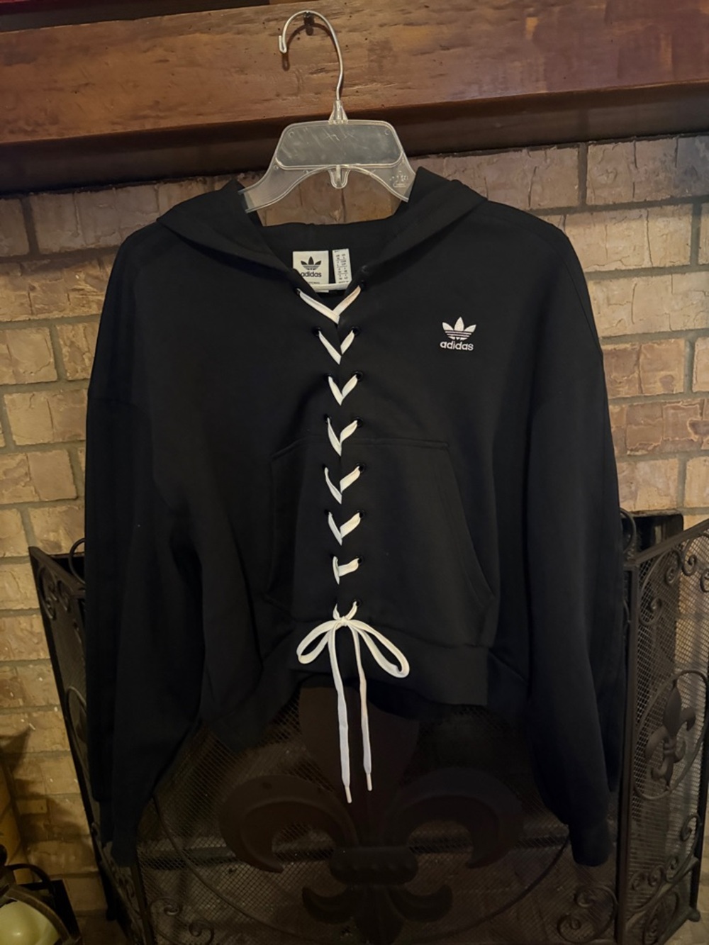 adidas Black Hoodie with White Lace-Up Drawcords